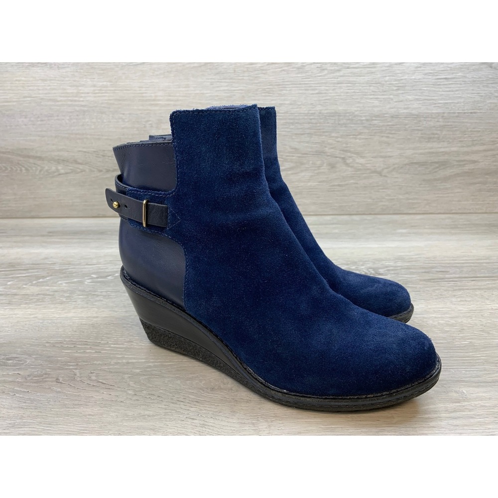 Cole Haan Women's Ankle Boots Air Blue Suede Leather Wedge  Buckle Strap 8 Shoes